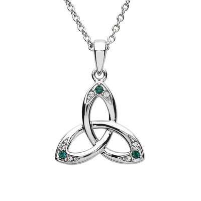 Platinum Plated Trinity Knot Pendant With Green And Clear Swarovski Crystals