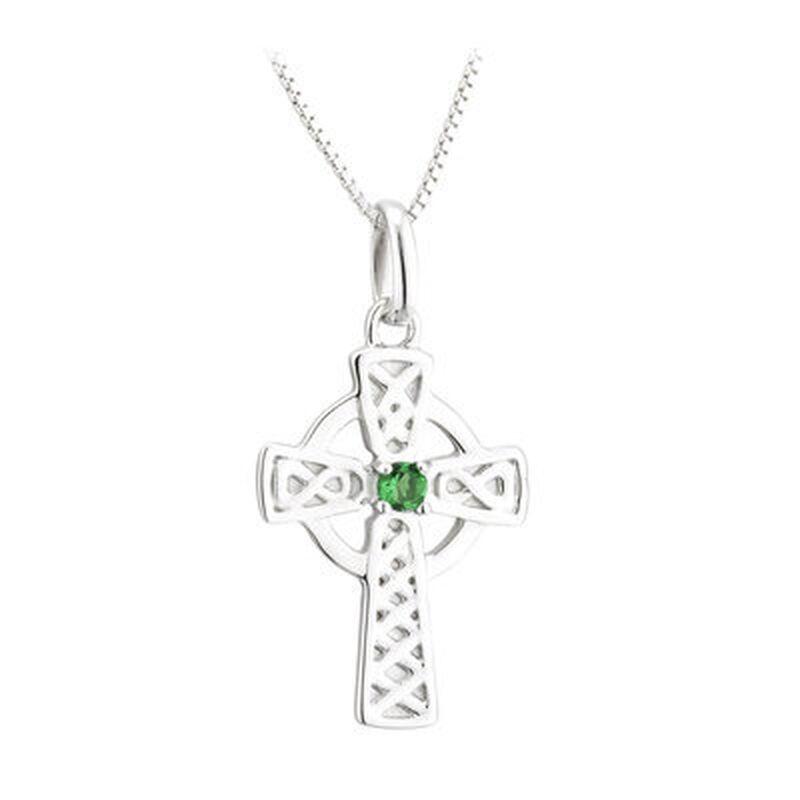 Hallmarked Sterling Silver Large Celtic Cross Pendant with Green Crystal Bead