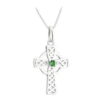 Hallmarked Sterling Silver Large Celtic Cross Pendant with Green Crystal Bead