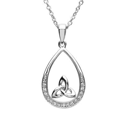 Platinum Plated Pear Drop Trinity Pendant Design With Clear Crystals