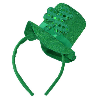 Green & Sequin Leprechaun Top Hat Hairband Designed With Shamrock Design