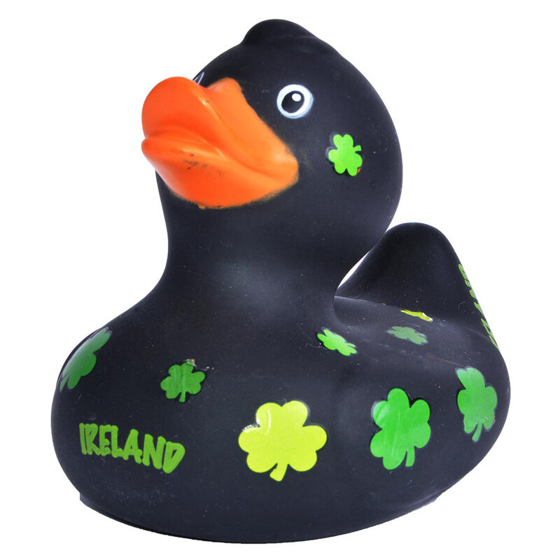 Black Irish Rubber Duck With Small Green Shamrock Design And Ireland Text