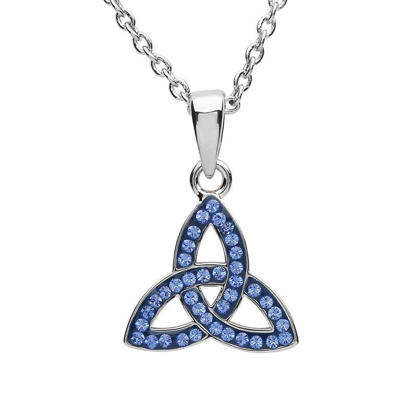 Platinum Plated Trinity Knot Pendant With Blue Swarovski Crystals