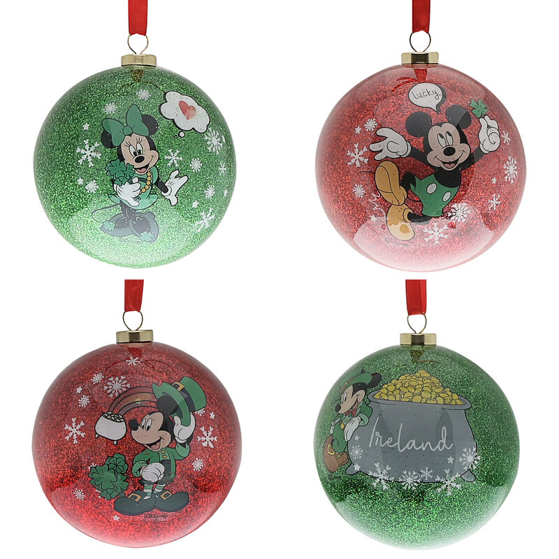 Disney Set of 4 Irish Mickey and Minnie Glitter Baubles