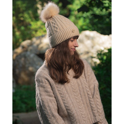 Irish Knitwear Co. Cable & Diamond Knitted Bobble Hat, Oatmeal Colour
