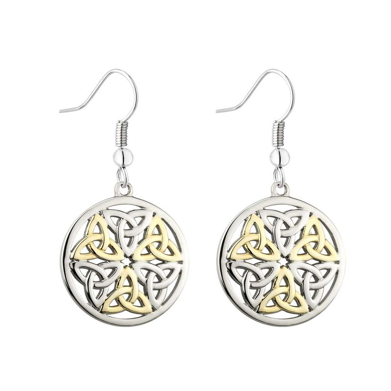 Two Tone Celtic Designed Trinity Knot Drop Earrings