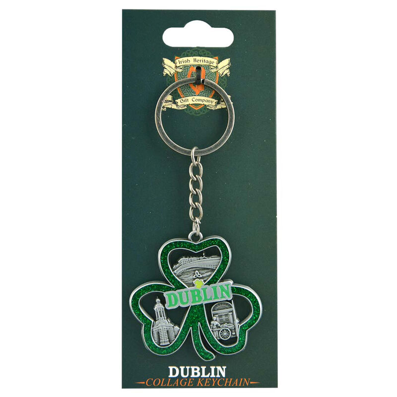 Shamrock Shaped Collage Keychain Green Glitter With Dublin Design