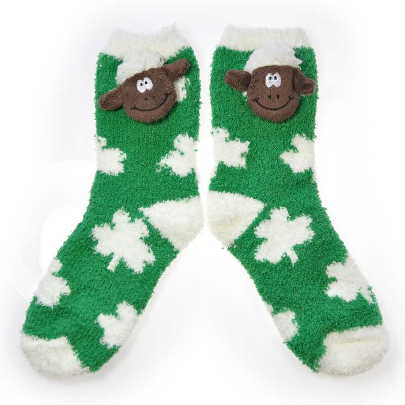 Green Fleece Socks With White Polka Dots and Soft Seamus The Sheep Head