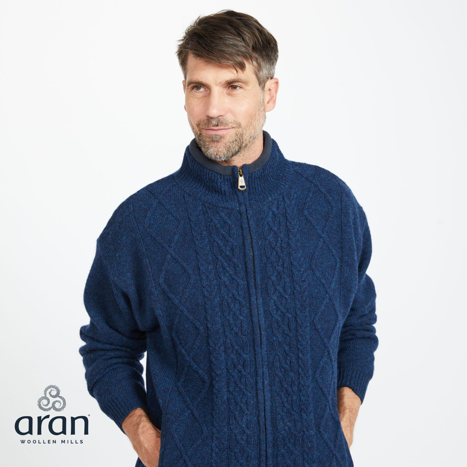 Buy Lined Shetland Wool Zipper Aran Cardigan, Navy Colour | Carrolls ...