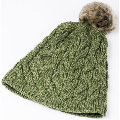 Aran Knitted Green and Faux Fur Bobble Hat