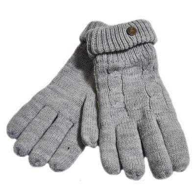 Man Of Aran Cable Knit Gloves With Embossed Metal Shamrock  Grey Colour