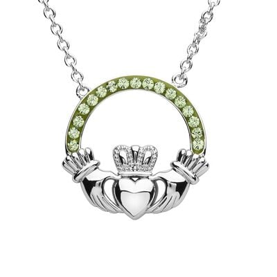 Platinum Plated Claddagh Pendant With Peridot Crystals
