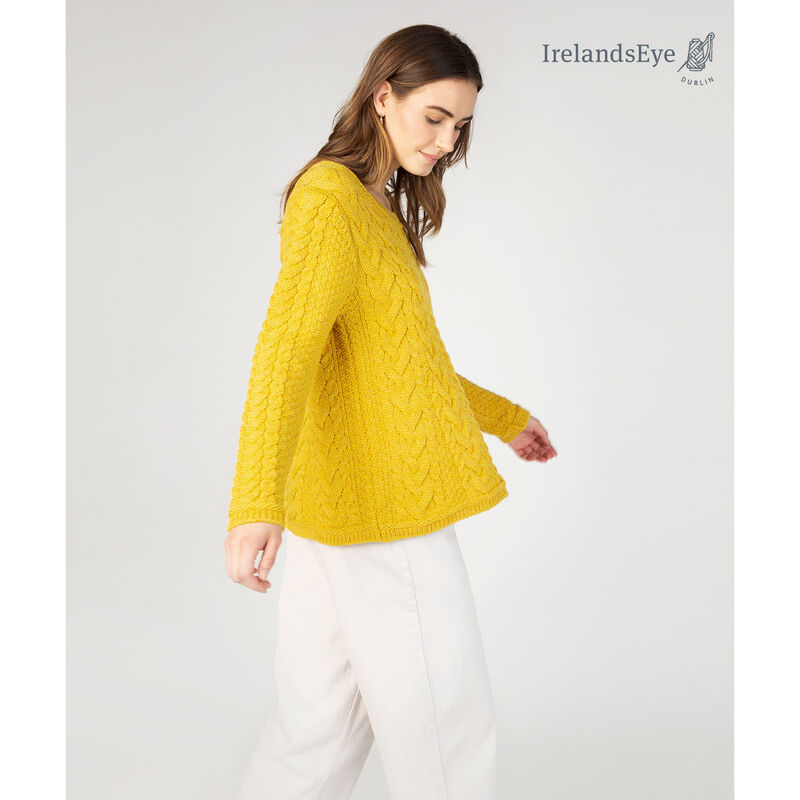 IrelandsEye Knitwear Primrose A-Line Cable Round Neck Sweater Sunflower Colour