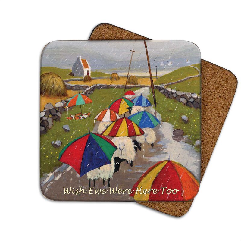 Irish Coaster With Sheep Under Umbrella's And 'Wish Ewe Were Here Too' Text
