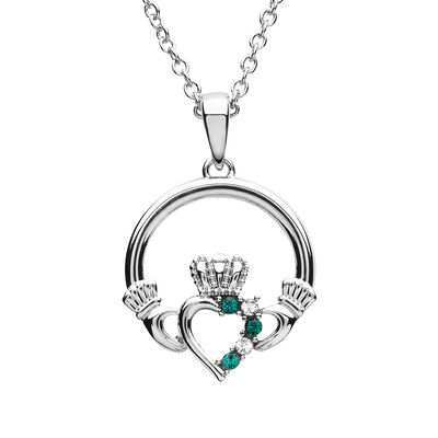 Platinum Plated Open Heart Claddagh Pendant With Clear And Peridot crystals