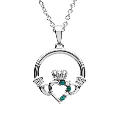 Platinum Plated Open Heart Claddagh Pendant With Clear And Peridot Swarovski crystals
