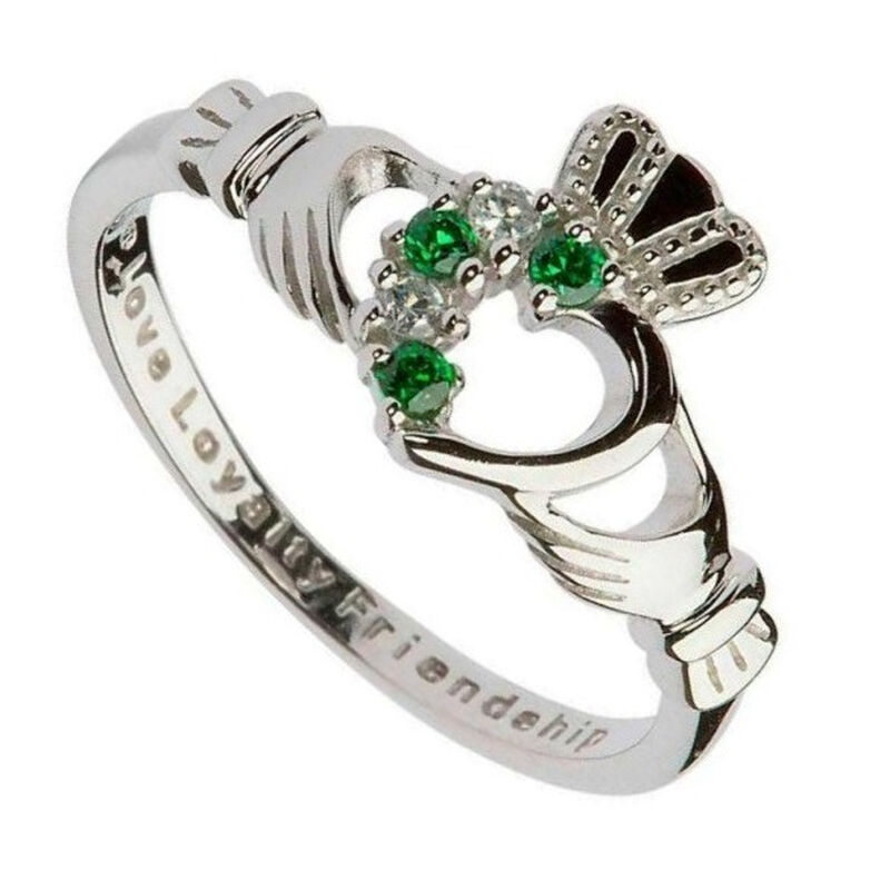 Hallmarked Sterling Silver Claddagh Ring With Green And Clear Zirconia Stone