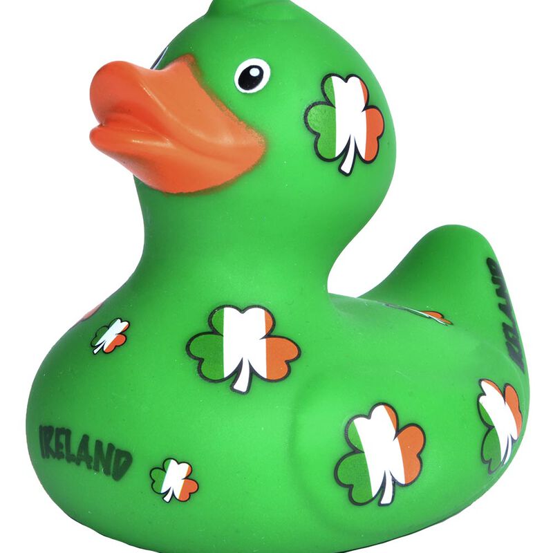 Green Irish Rubber Duck With Small Tri-Colour Shamrock Design And Ireland Text