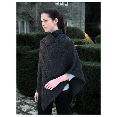 100% Merino Wool Aran & Cable Pattern Poncho, Charcoal Colour