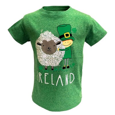 Funny Kids T-Shirt With Cute Leprechaun And Sheep Design  Green Colour