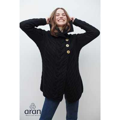 Supersoft Merino Wool Buttoned Long Cardigan With Buttons, Black Colour