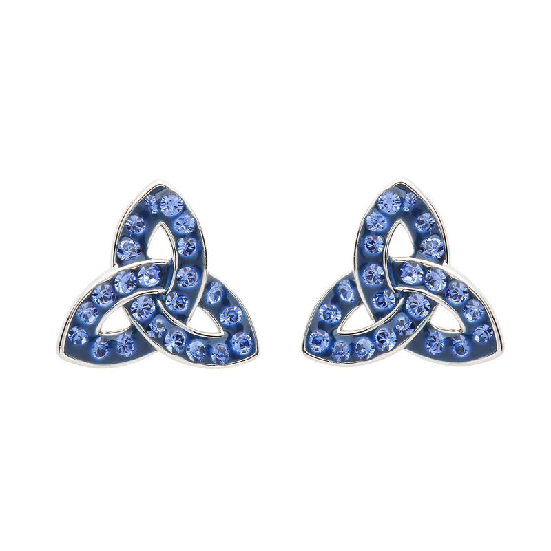 Platinum Plated Trinity Knot Stud Earrings With Blue Swarovski Crystals