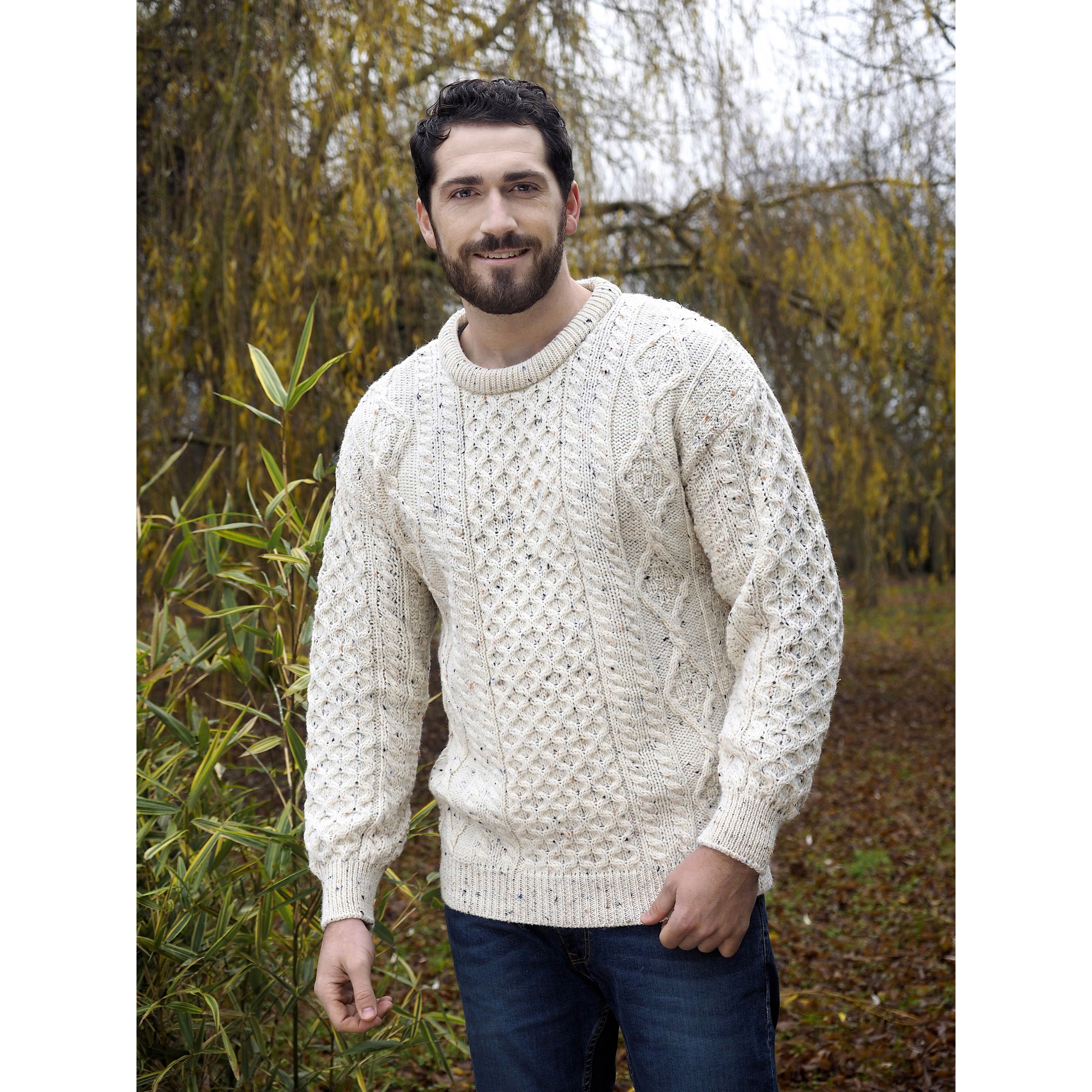 Buy West End Knitwear Men's Aran Sweater Fleck Colour 100% Merino Wool ...
