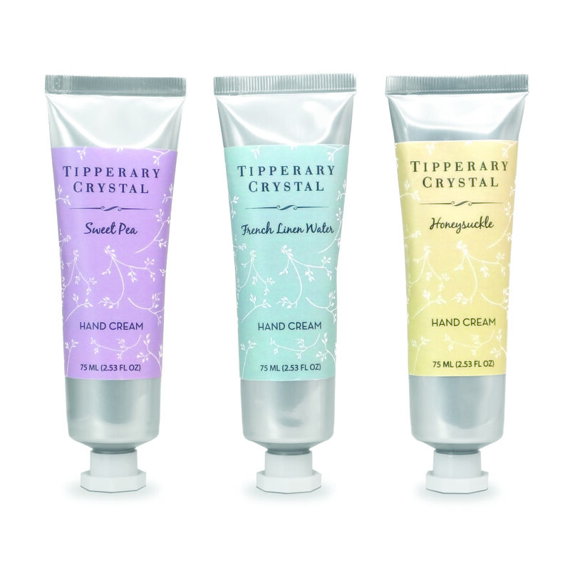 Tipperary Crystal Hand Cream Trio: Honeysuckle, Sweet Pea & French Linen