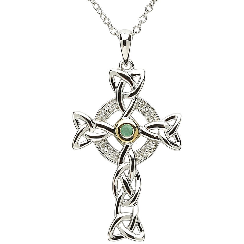 Platinum Plated Celtic Cross Pendant With Green Centre And Clear Swarovski Crystal