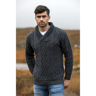 100% Merino Wool Bunratty Shawl Collar Sweater, Charcoal Marl Colour