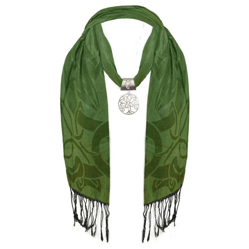 Ladies Green and Black Scarf With Large Metal Celtic Tree Of Life Pendant