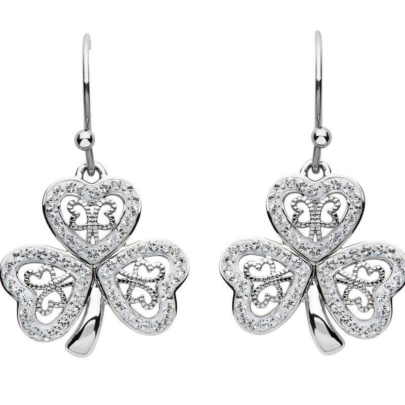 Platinum Plated Filigree Shamrock Drop Earrings With Clear Swarovski Crystals