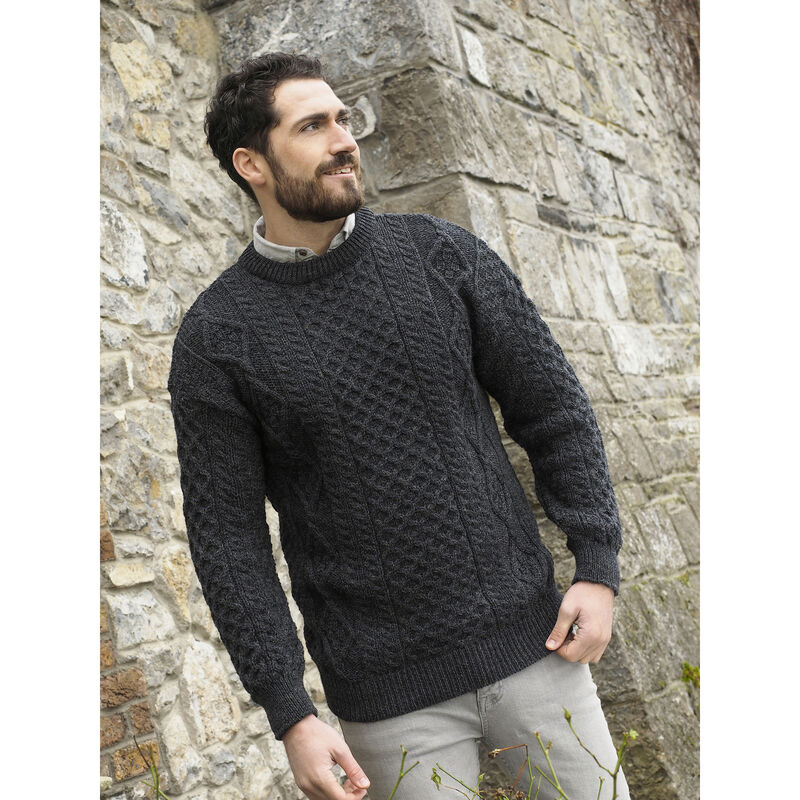 Buy West End Knitwear Men's Aran Sweater Charcoal Colour 100% Merino ...