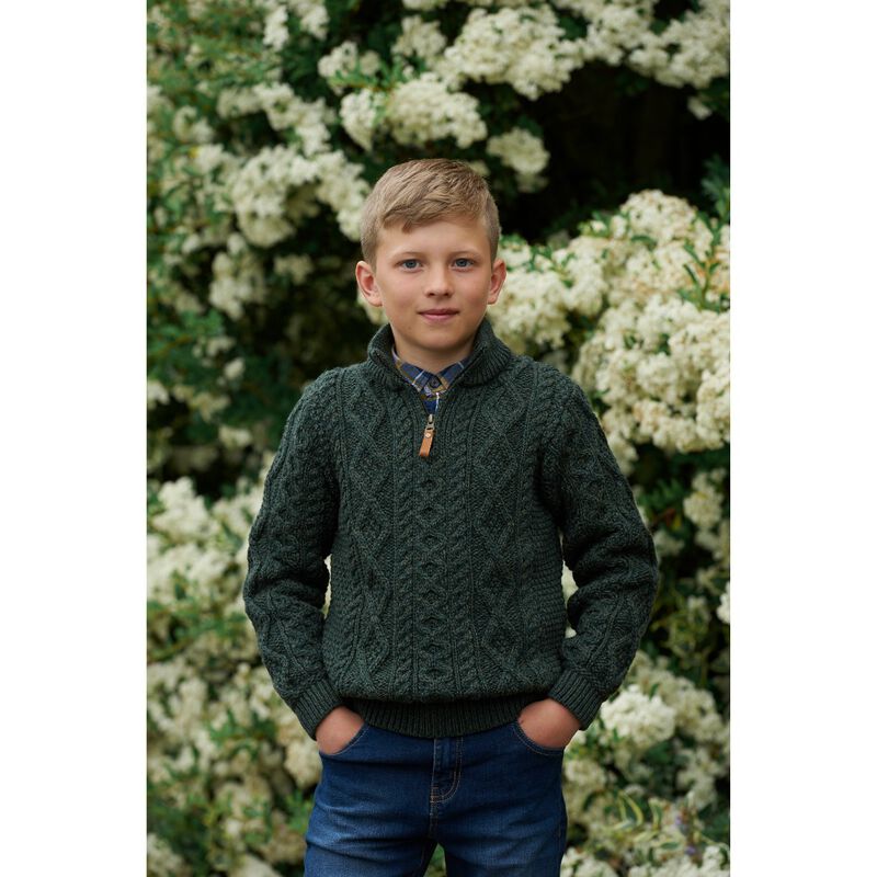 Kids 100% Merino Wool Sweater With Quarter Length Zip  Army Green Colour