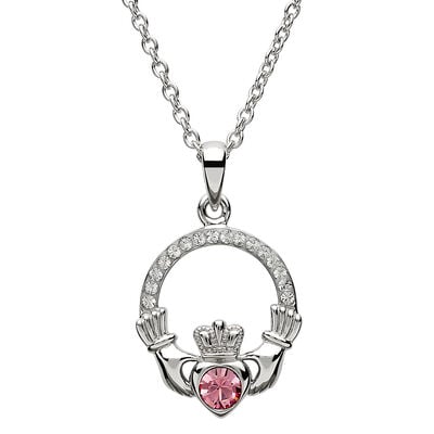 Shanore Claddagh October Pink Birthstone Pendant Adorned With Crystal