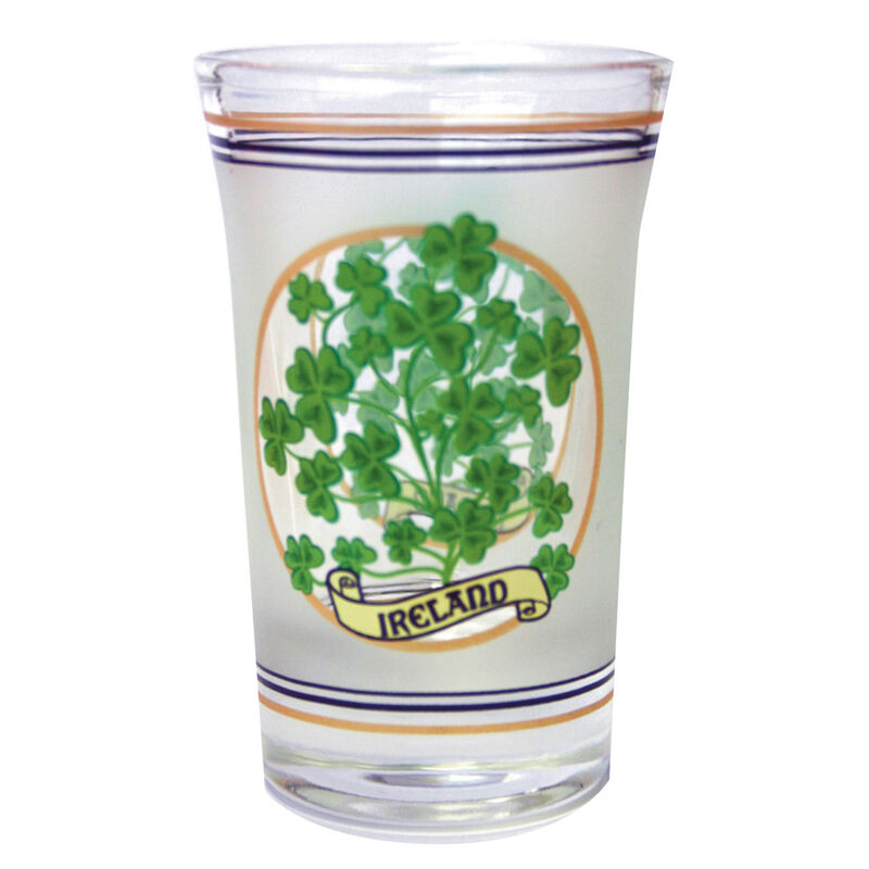 Loose Shot Glass With Sprig Of Shamrocks And Ireland Banner