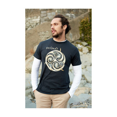 Navy Round Neck T-shirt With Celtic Spiral Design With Ireland Text