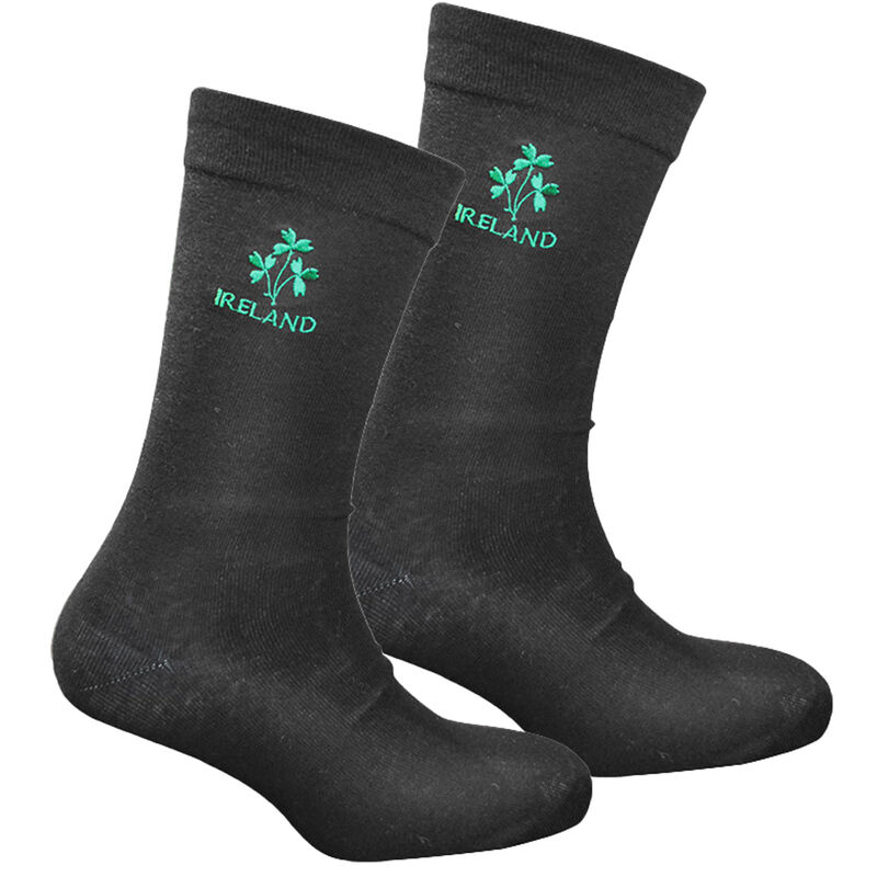 Black Socks With Green Embroidered Shamrock Sprig and Ireland Text
