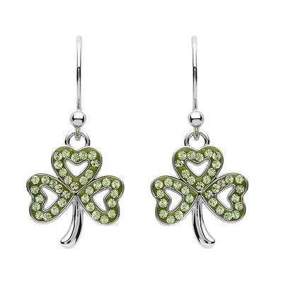 Platinum Plated Shamrock Drop Earrings With Peridot Crystals