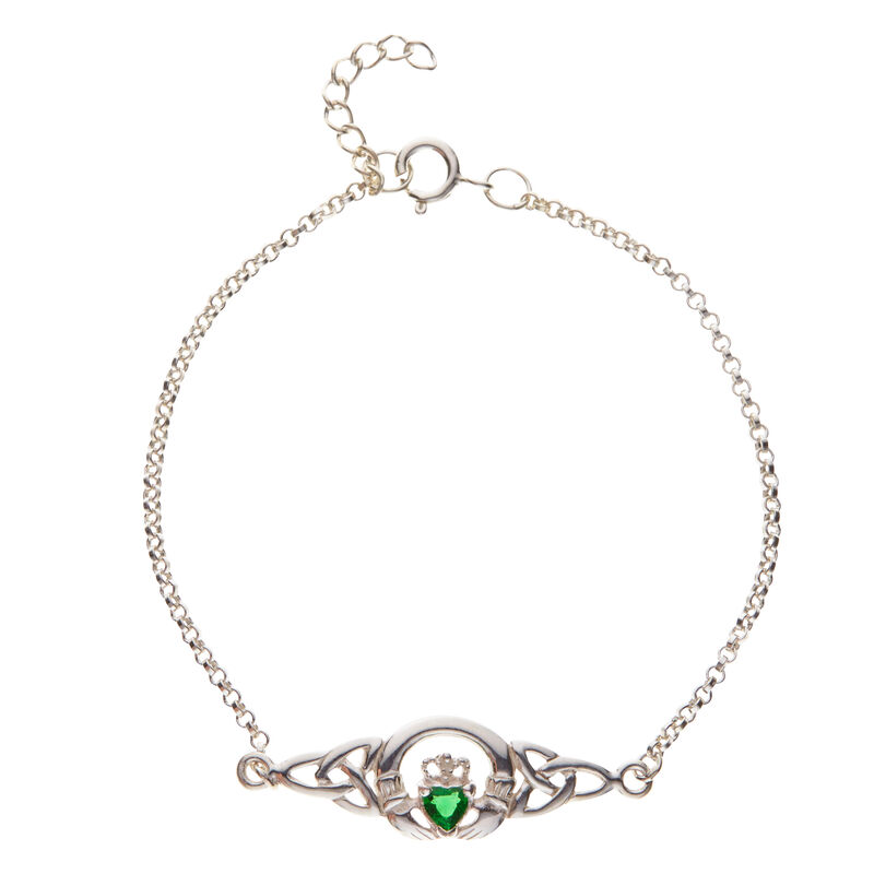 Hallmarked Sterling Silver Claddagh Bracelet With Emerald Cubic Zirconia Design
