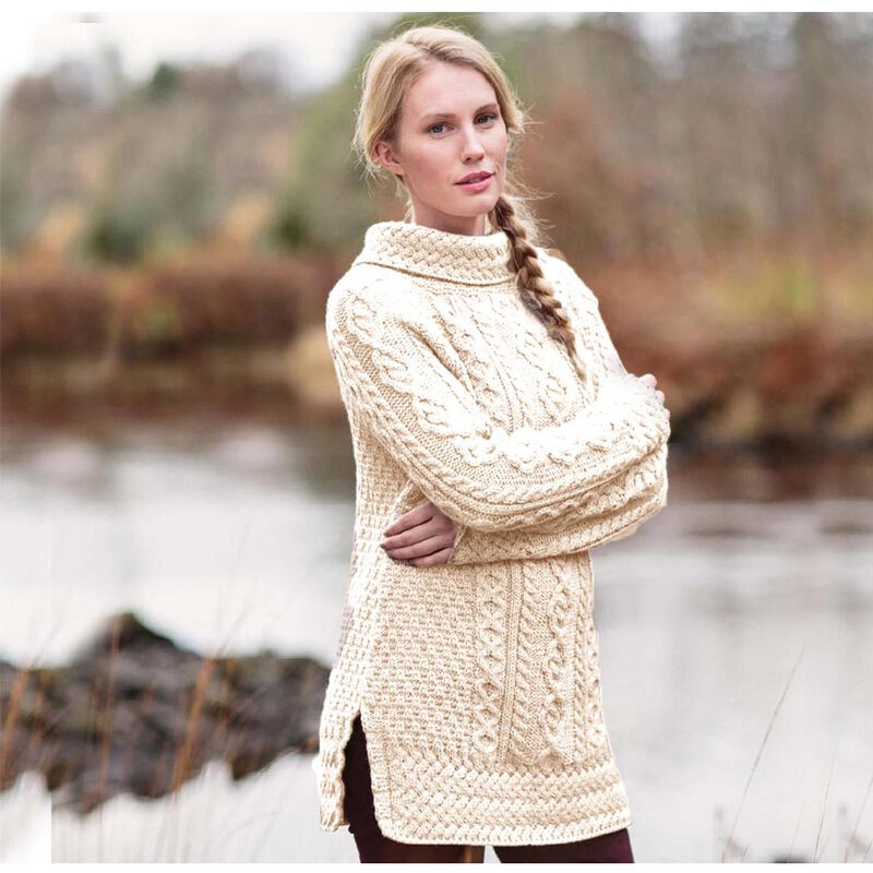 Aran Tunic Sweater With Vented Roll Neck Natural