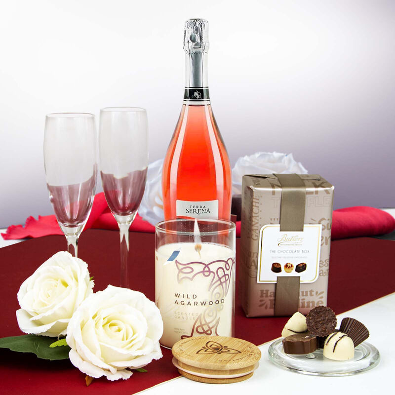 Prosecco With Glasses Set, Chocolate & Relaxing Wild Agarwood Candle Gift Basket (Europe Only)