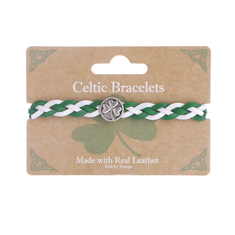 Celtic 4 Strand Leather Bracelet With Shamrock Charm, Green & White Colour