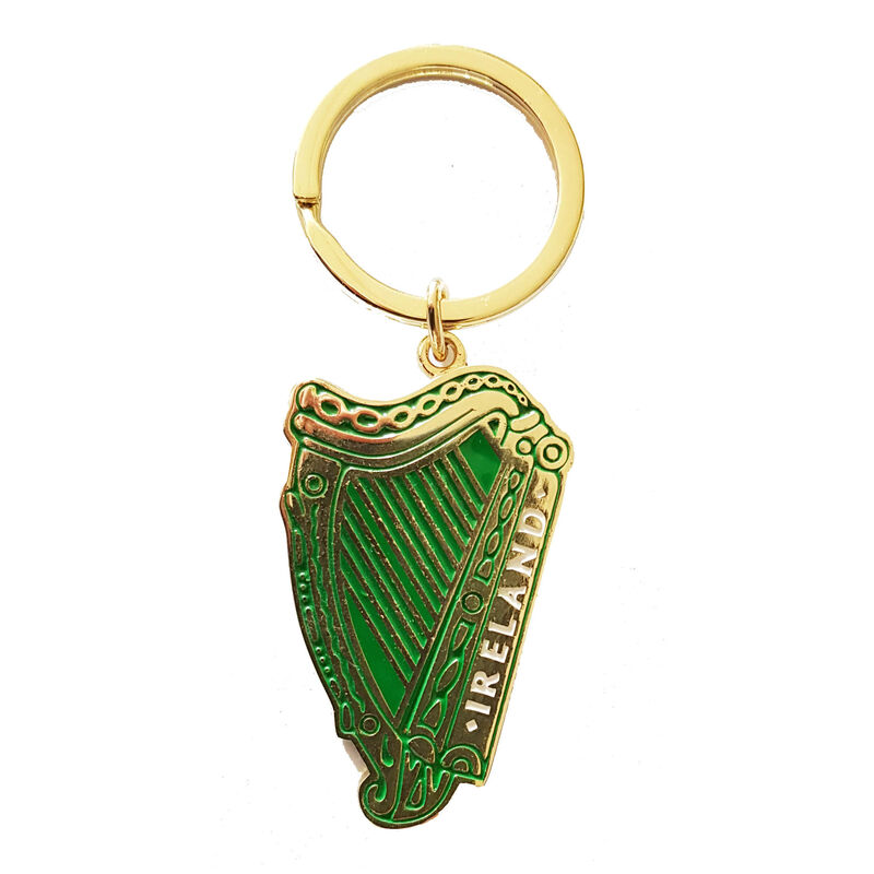 Irish Metal Keychain With Gold Celtic Harp Design And Ireland Print