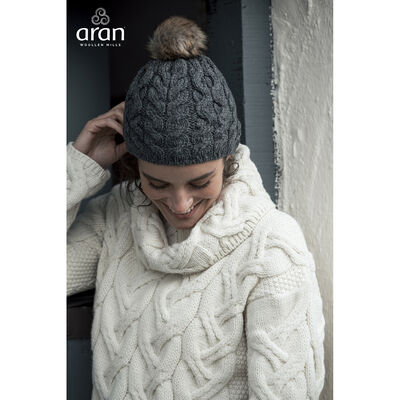Aran Knit Faux Fur Bobble Hat - Charcoal