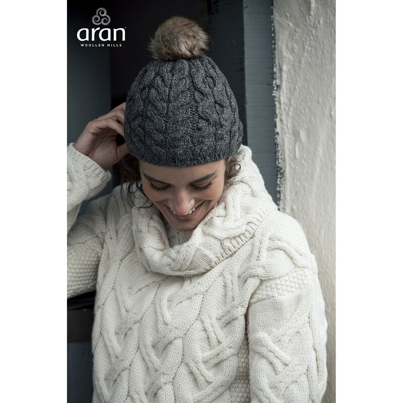 Aran Knitted Army Green and Faux Fur Bobble Hat