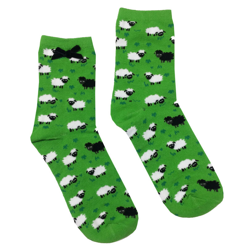 Lime Coloured Ladies Socks With White Sheep Design And Black Ribbon