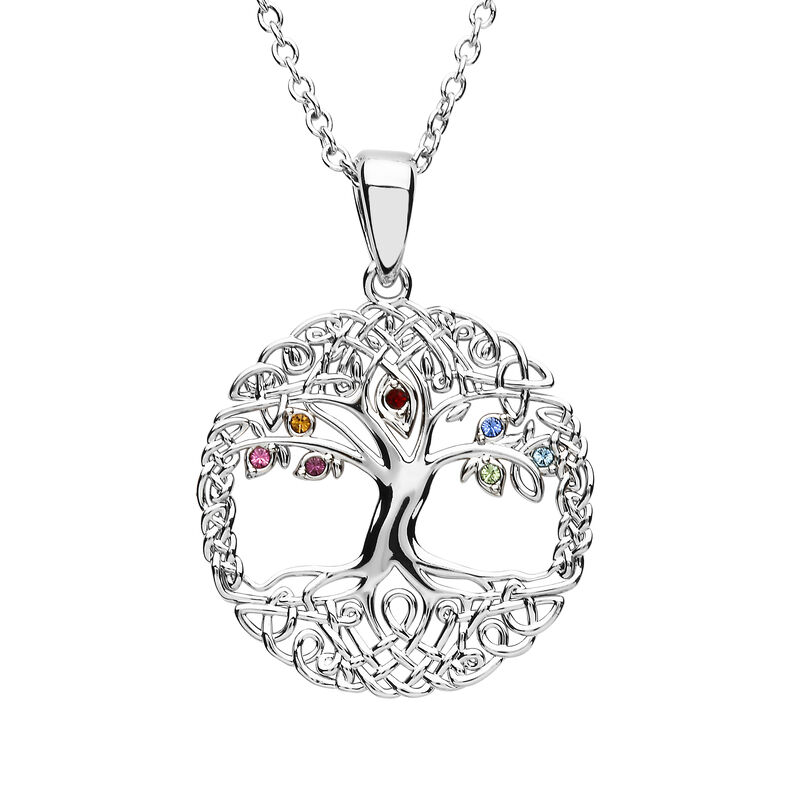 Platinum Plated Tree Of Life Pendant With Multi Colour Swarovski Crystal