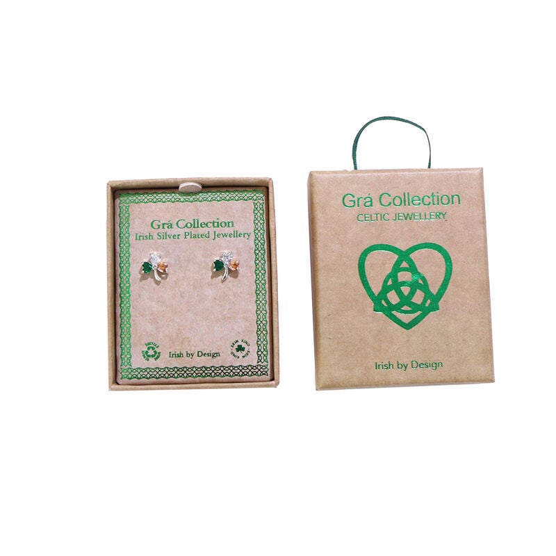 Grá Collection Silver Plated Shamrock With Tri Colour Cubic Zirconia Stones Earrings