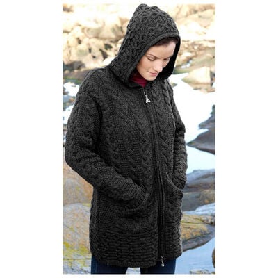 100% Merino Wool Ladies Hooded Coat With Celtic Knot Zipper, Charcoal Colour